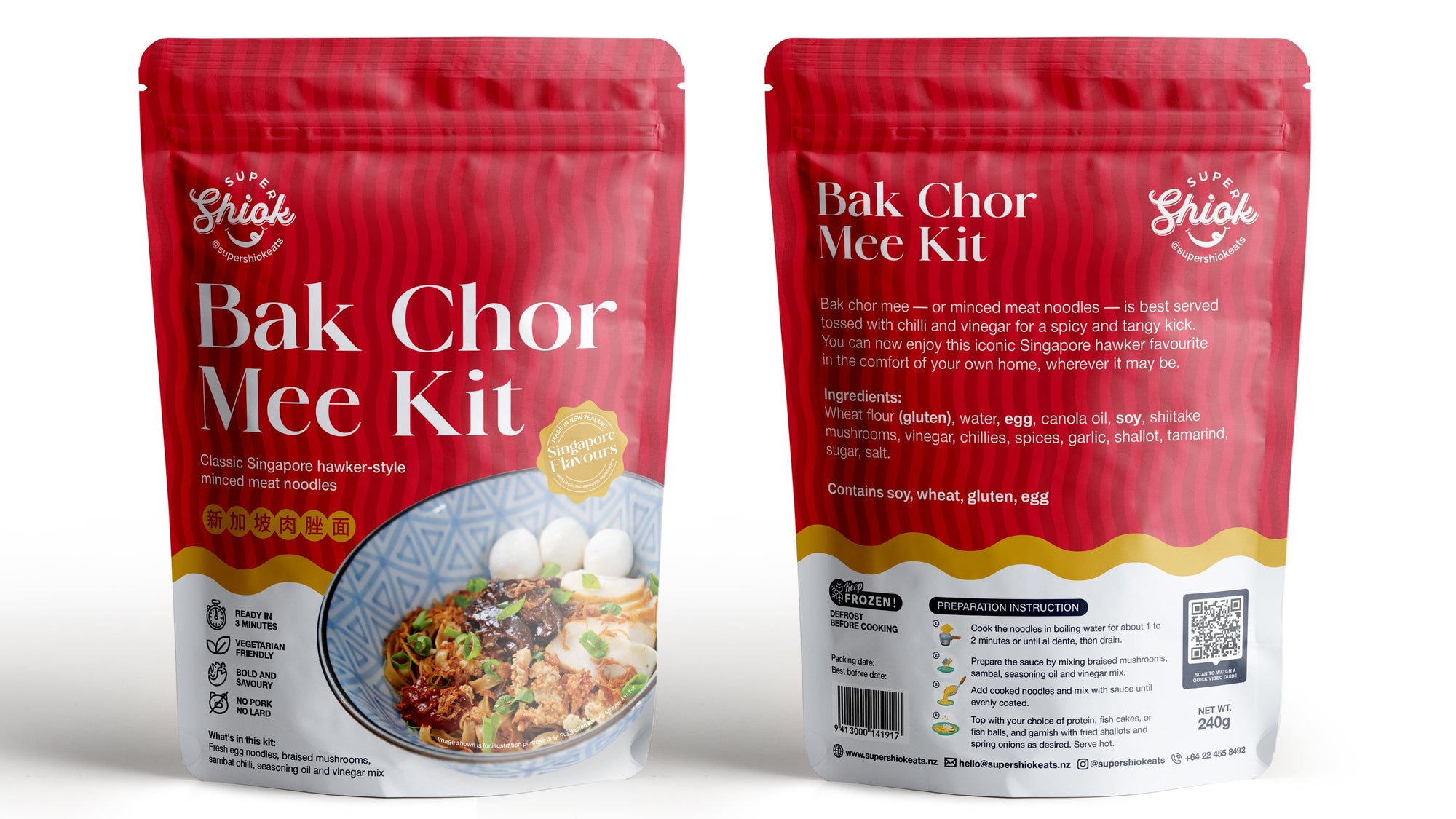 Two red packages of Bak Chor Mee Kit on a white background